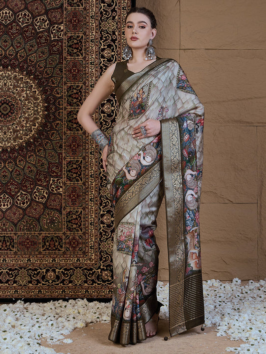Green Olive Sungudi Viscose Silk Printed Saree