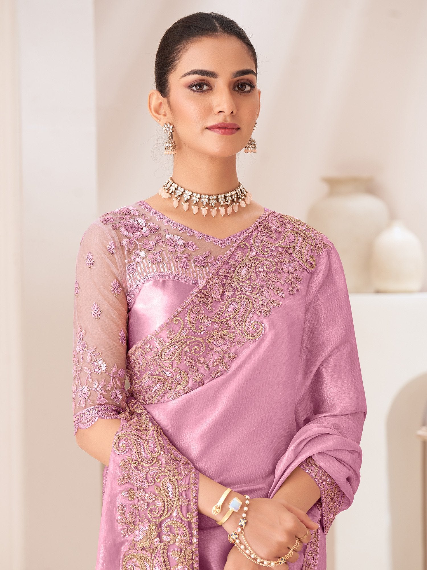 Pink Mauve Party Wear Pure Chiffon Embellished Saree