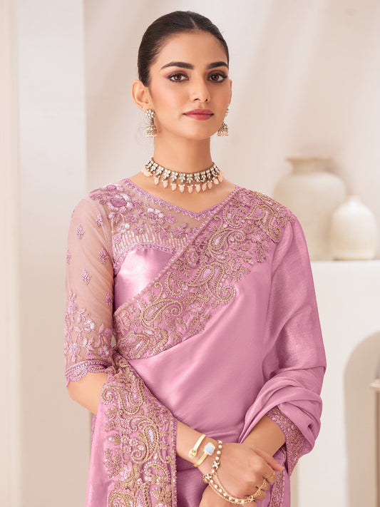 Pink Mauve Party Wear Pure Chiffon Embellished Saree