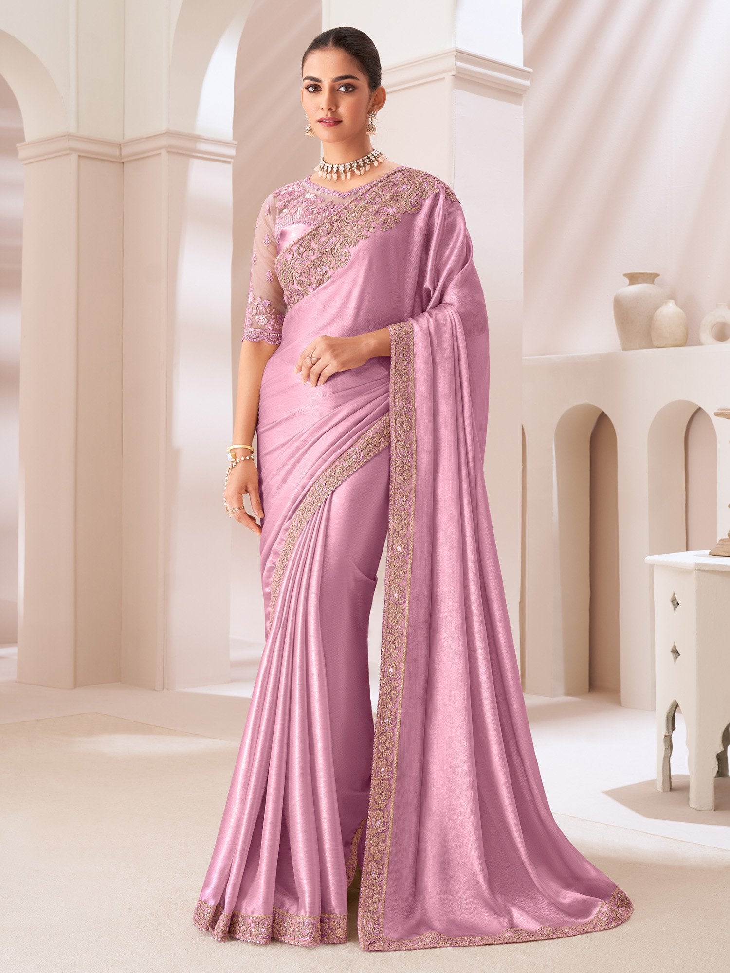 Mauve Party Wear Pure Chiffon Embellished Saree
