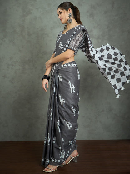 Grey Bagh Cotton Printed Saree