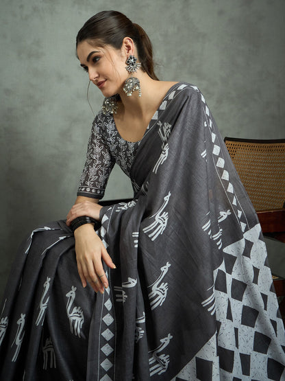 Grey Bagh Cotton Printed Saree
