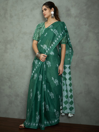 Green Teal Bagh Cotton Printed Saree