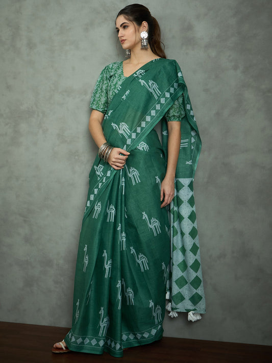 Green Teal Bagh Cotton Printed Saree
