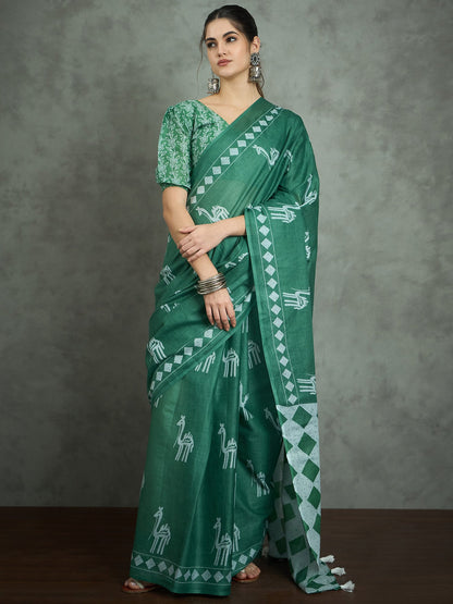 Teal Bagh Cotton Printed Saree