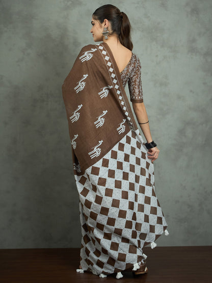 Brown Bagh Cotton Printed Saree