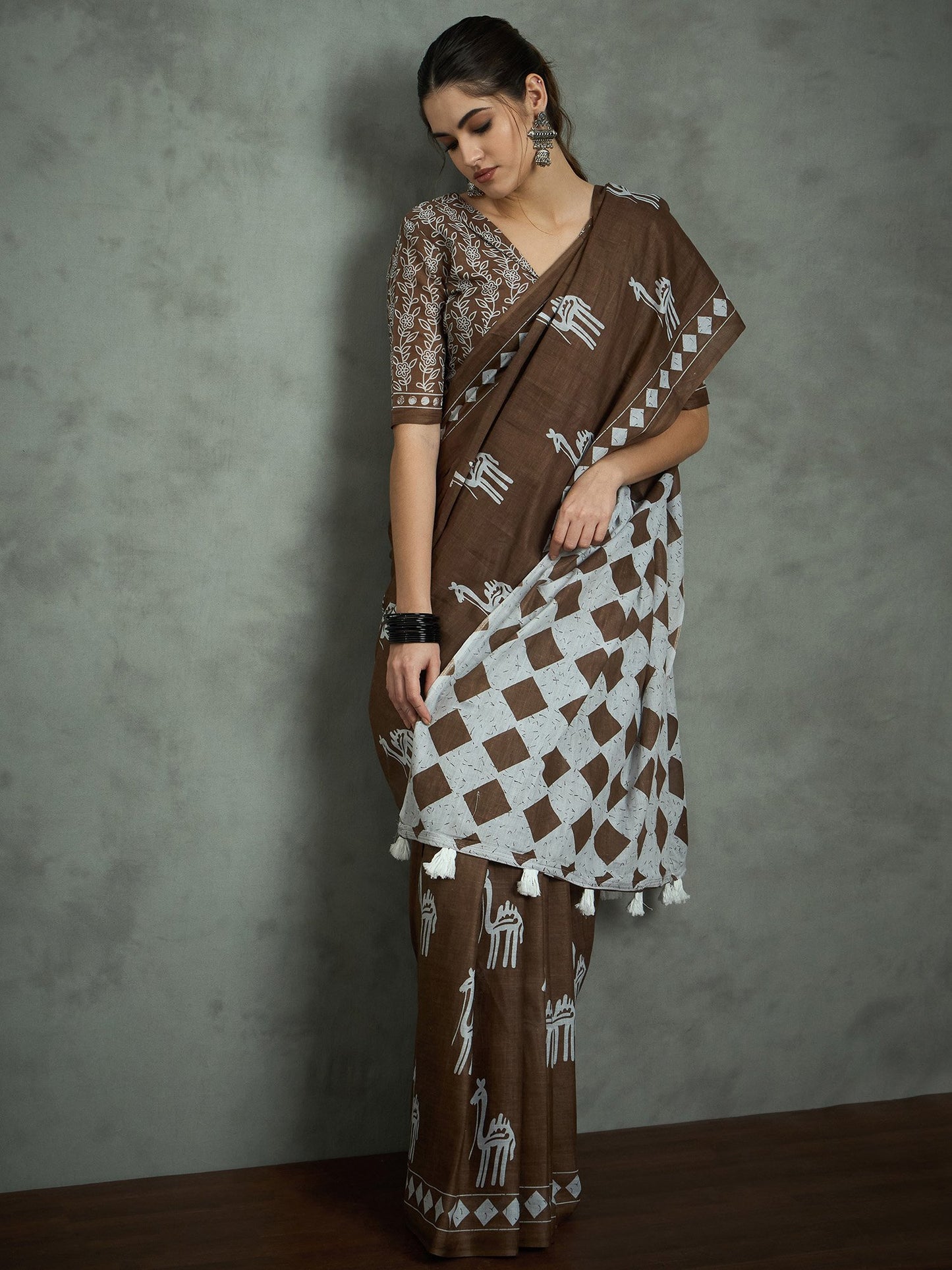 Brown Bagh Cotton Printed Saree