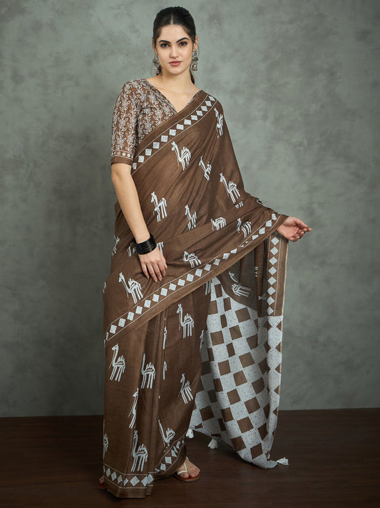 Brown Brown Bagh Cotton Printed Saree