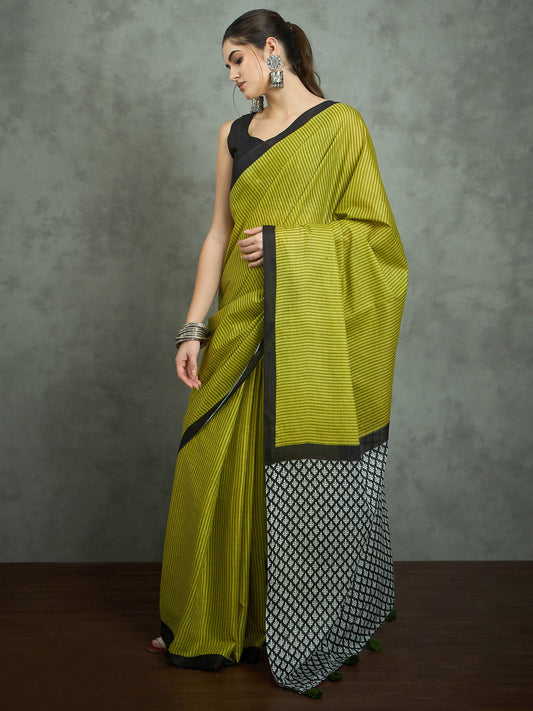 Green Olive Block Print Cotton Printed Saree