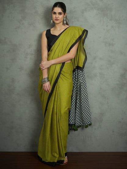 Olive Block Print Cotton Printed Saree