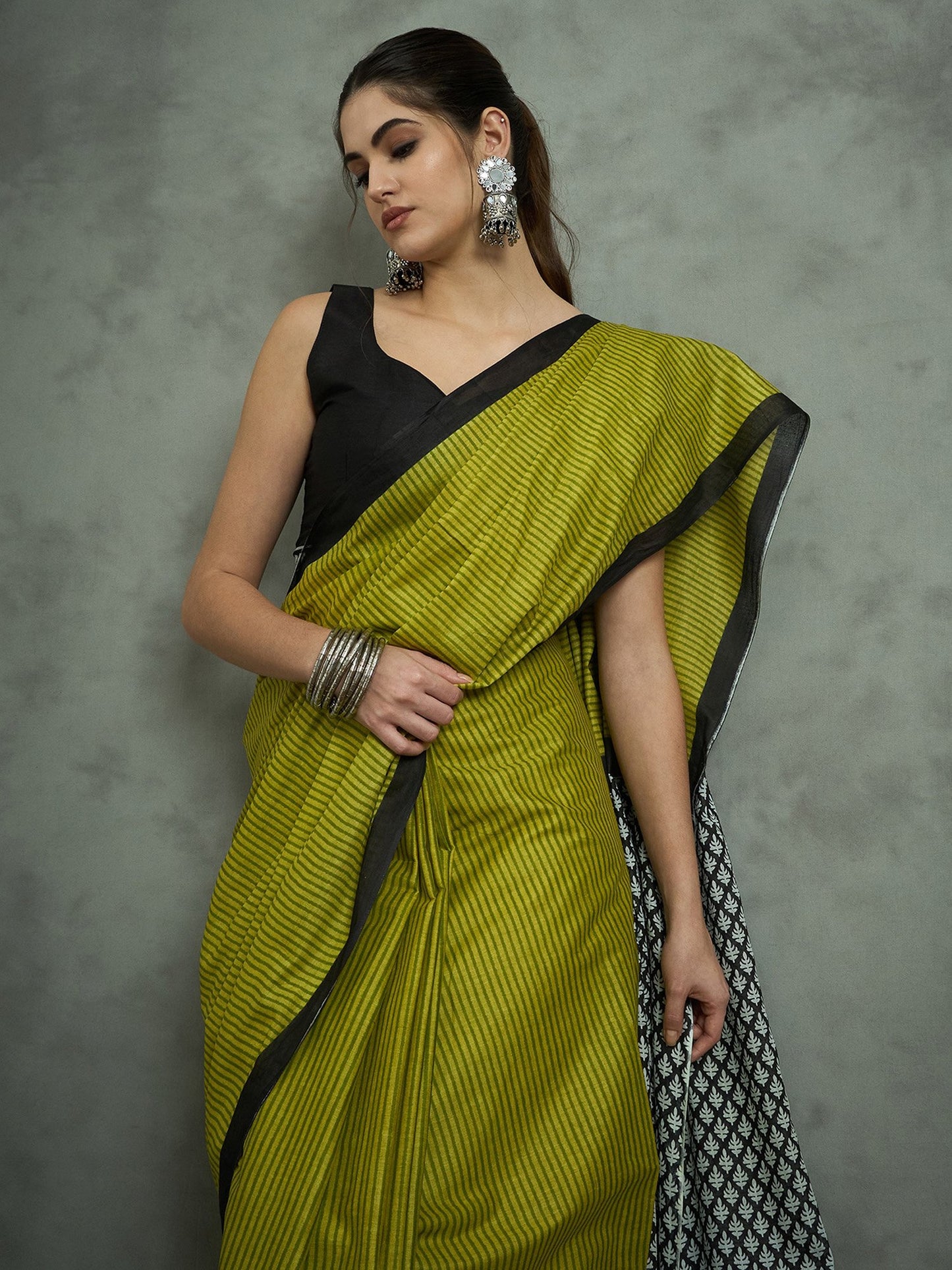 Olive Block Print Cotton Printed Saree