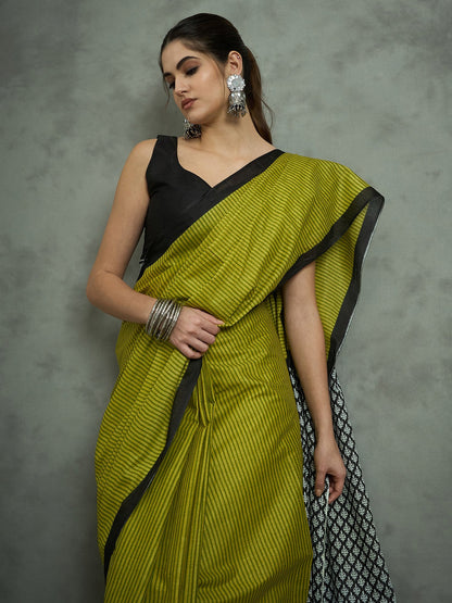 Olive Block Print Cotton Printed Saree