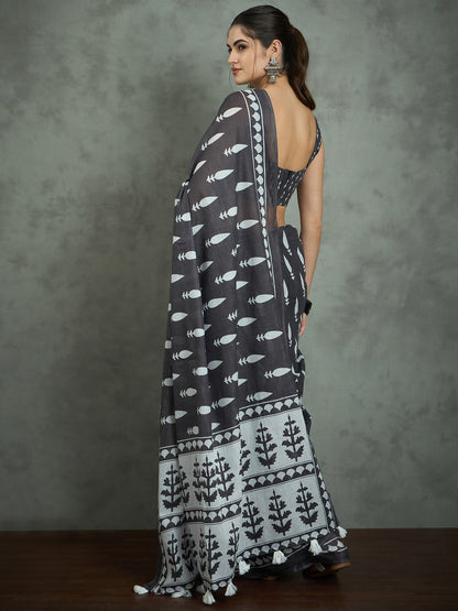 Grey Bagh Cotton Printed Saree