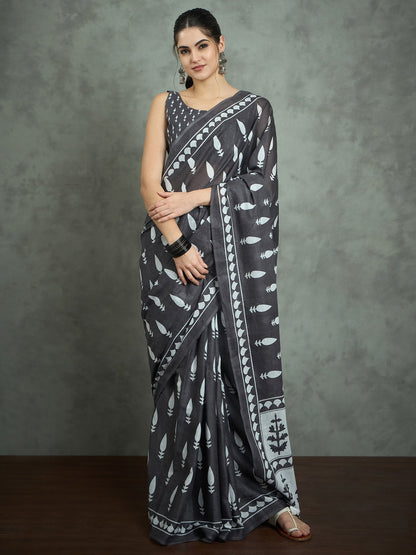 Grey Bagh Cotton Printed Saree