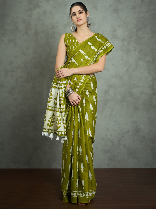Green Olive Bagh Cotton Printed Saree