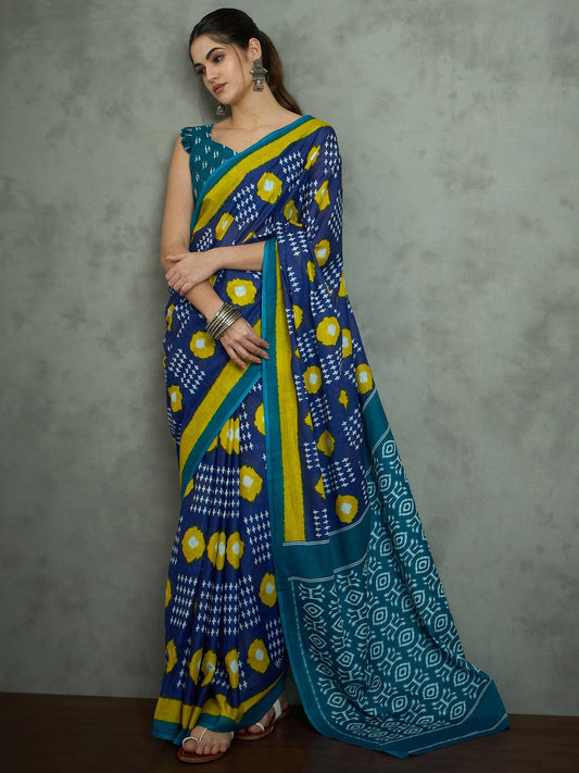 Blue Navy Ikat Cotton Printed Saree