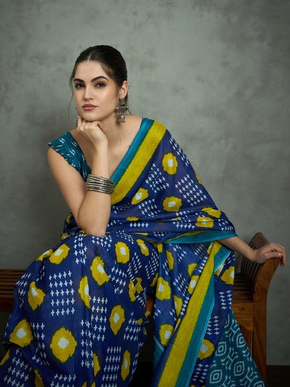 Navy Ikat Cotton Printed Saree