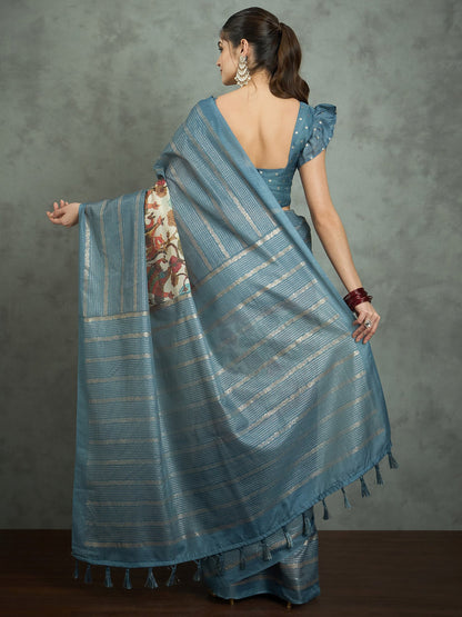 Blue Block Print Kota Doria Cotton Printed Saree
