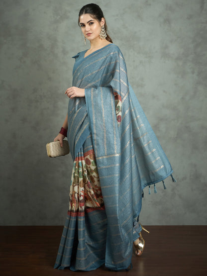 Blue Block Print Kota Doria Cotton Printed Saree