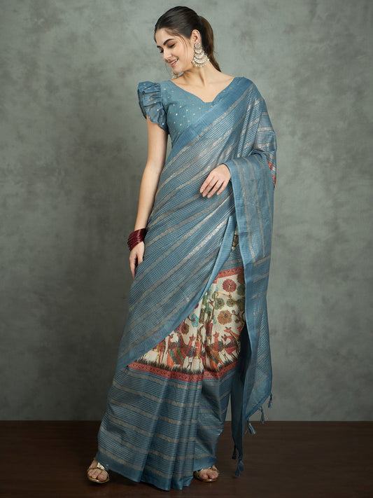 Blue Blue Block Print Kota Doria Cotton Printed Saree
