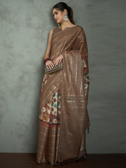 Brown Block Print Kota Doria Cotton Printed Saree