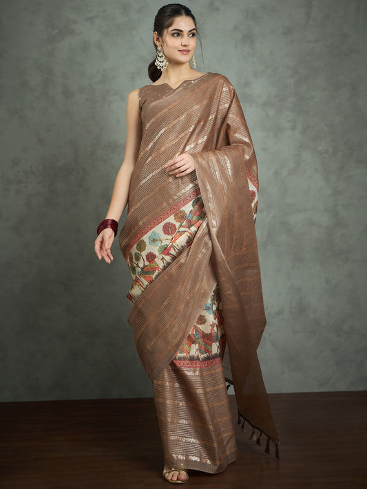Brown Brown Block Print Kota Doria Cotton Printed Saree