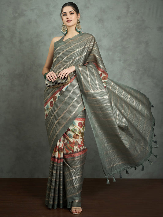 Green Sea Block Print Kota Doria Cotton Printed Saree