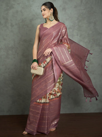 Mauve Block Print Kota Doria Cotton Printed Saree