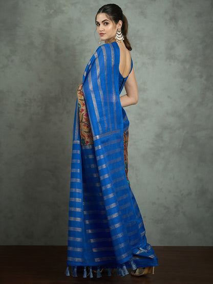 Blue Block Print Kota Doria Cotton Printed Saree