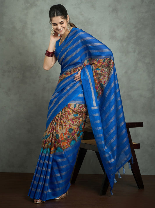 Blue Blue Block Print Kota Doria Cotton Printed Saree