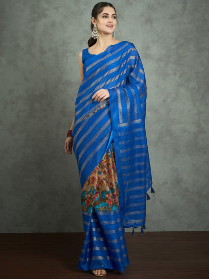 Blue Block Print Kota Doria Cotton Printed Saree