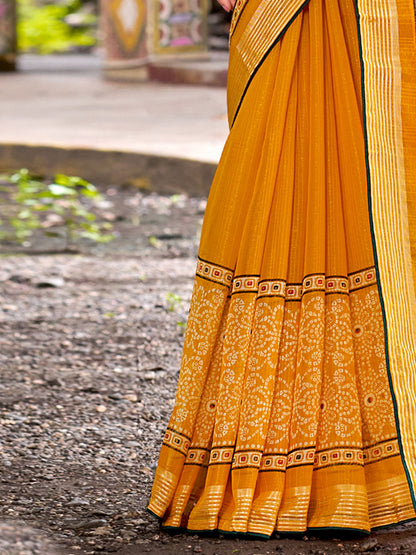 Yellow Bandhani Chiffon Printed Saree