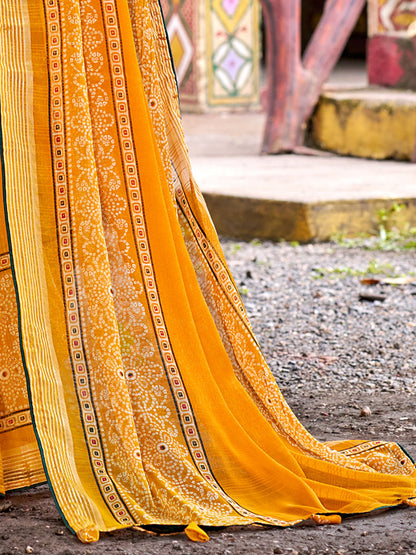 Yellow Bandhani Chiffon Printed Saree
