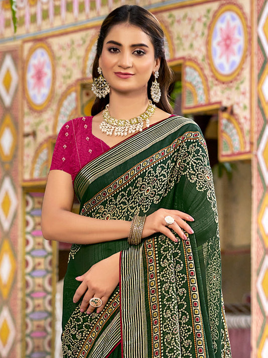 Green Green Bandhani Chiffon Printed Saree