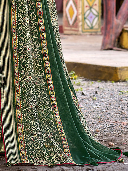 Green Bandhani Chiffon Printed Saree