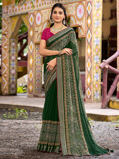 Green Bandhani Chiffon Printed Saree