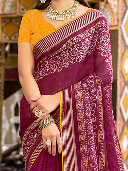 Magenta Bandhani Chiffon Printed Saree