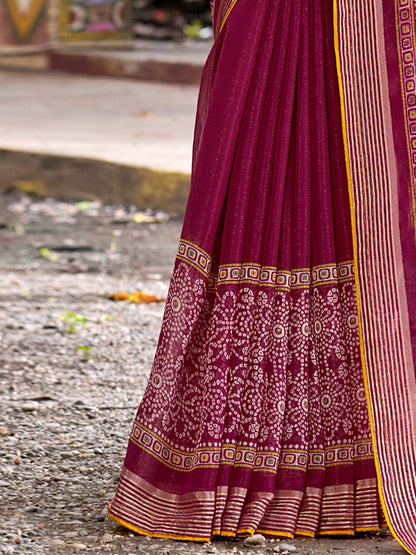 Magenta Bandhani Chiffon Printed Saree