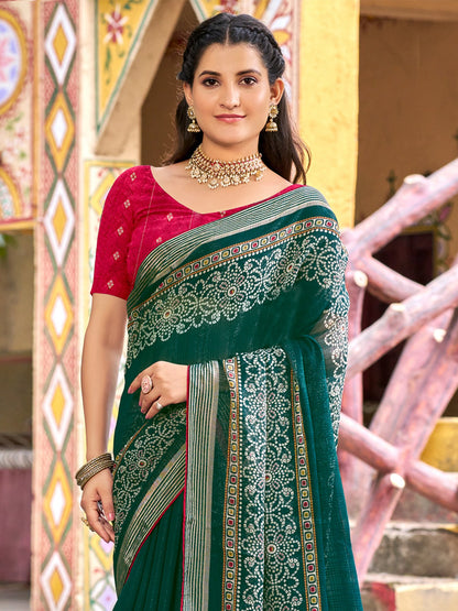 Green Bandhani Chiffon Printed Saree