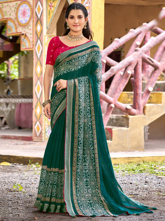 Green Green Bandhani Chiffon Printed Saree