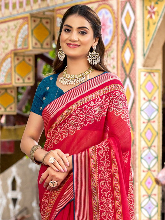 Red Red Bandhani Chiffon Printed Saree