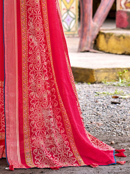 Red Bandhani Chiffon Printed Saree