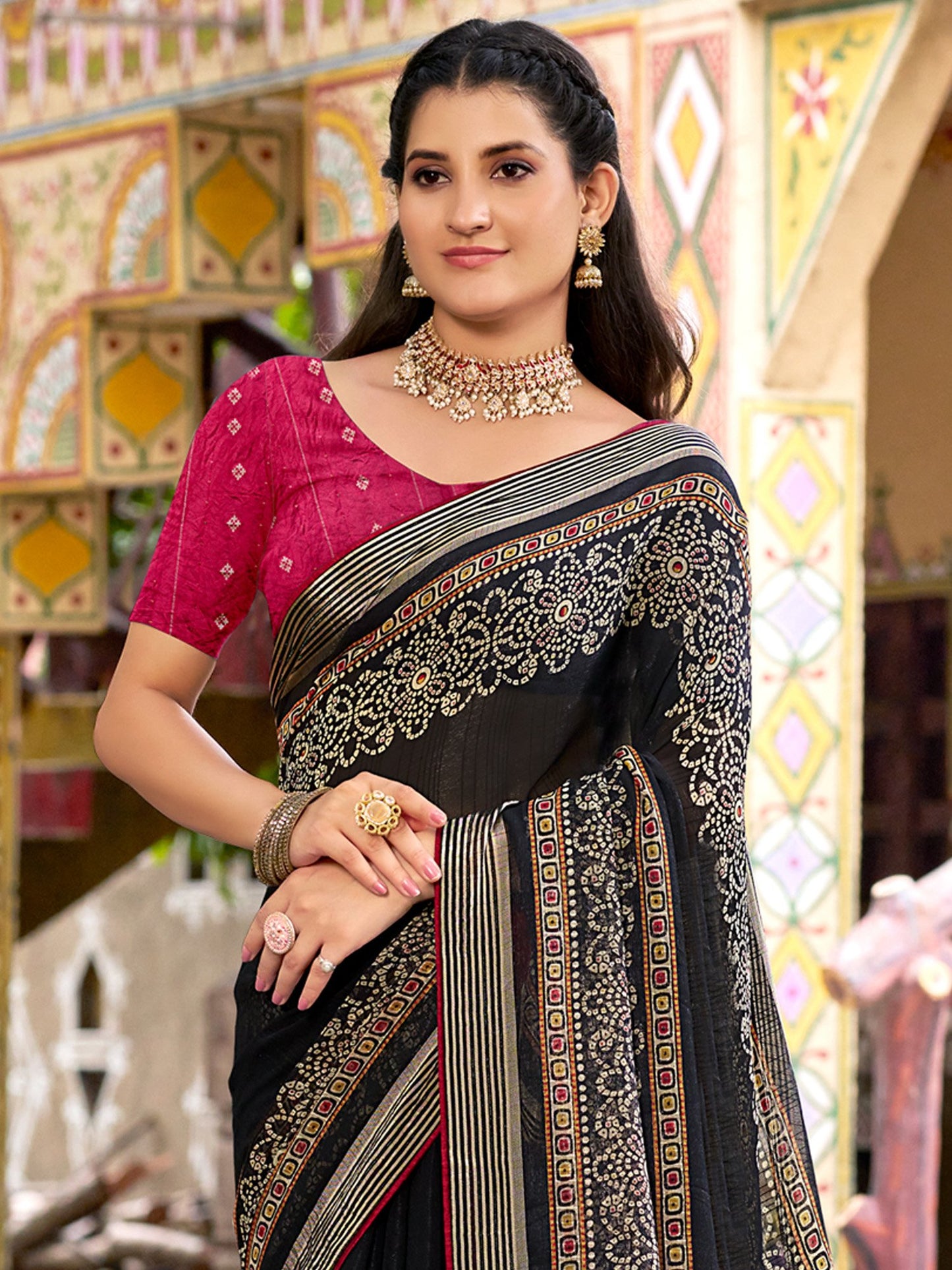 Black Black Bandhani Chiffon Printed Saree