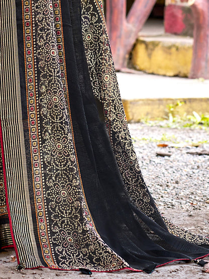 Black Bandhani Chiffon Printed Saree