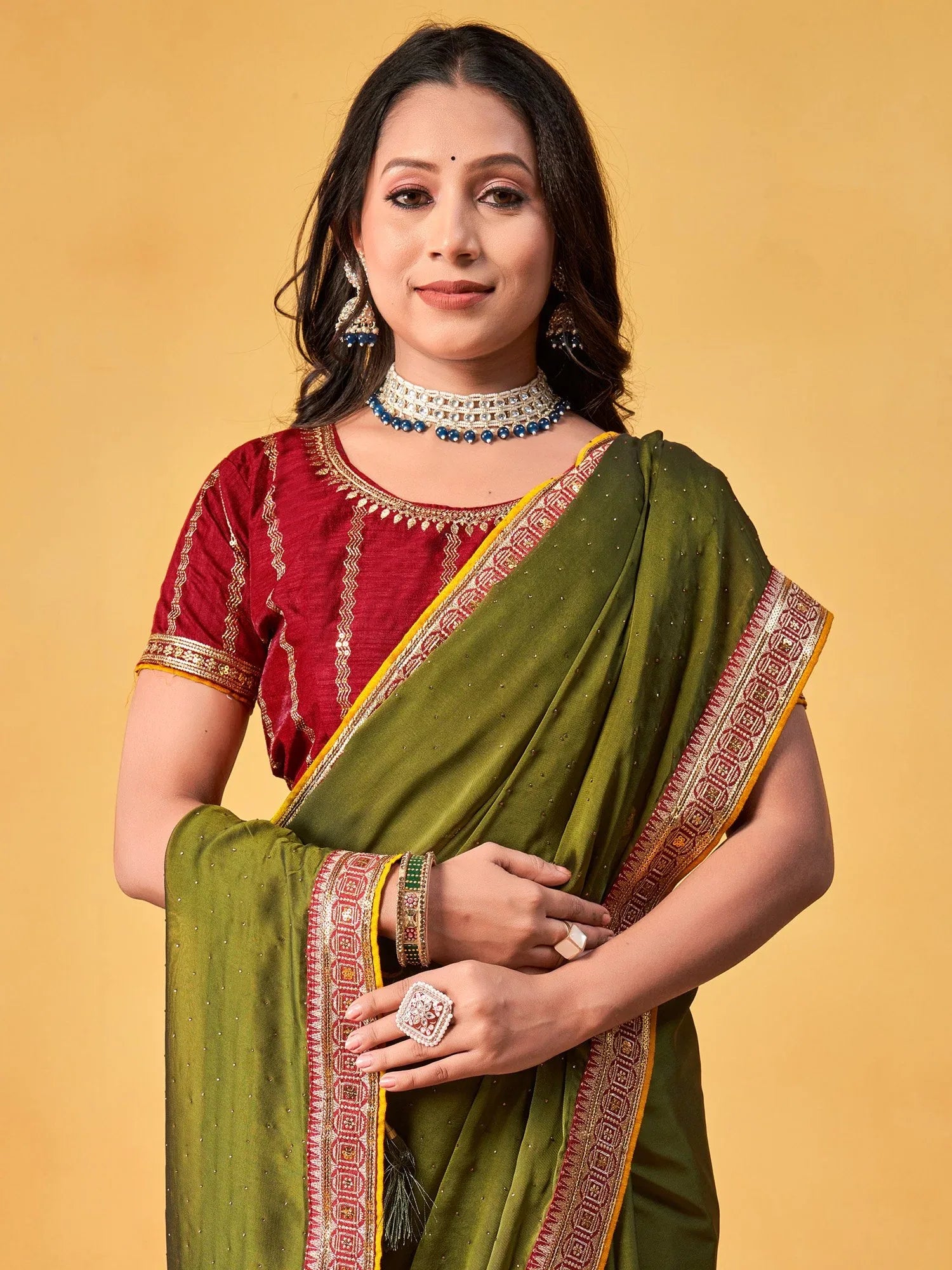 Olive Party Wear Georgette Embroidered Saree