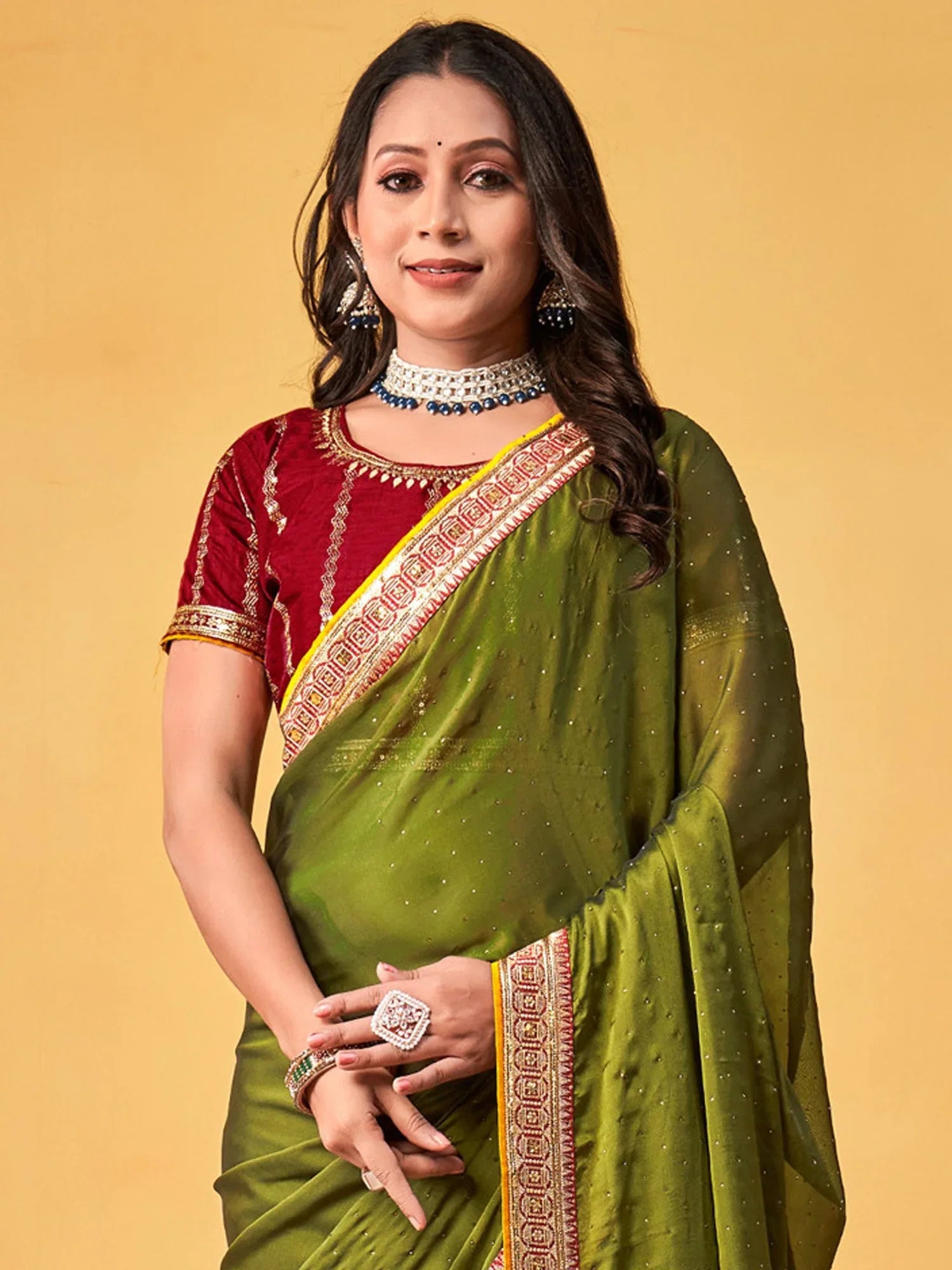 Olive Party Wear Georgette Embroidered Saree