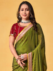 Olive Party Wear Georgette Embroidered Saree