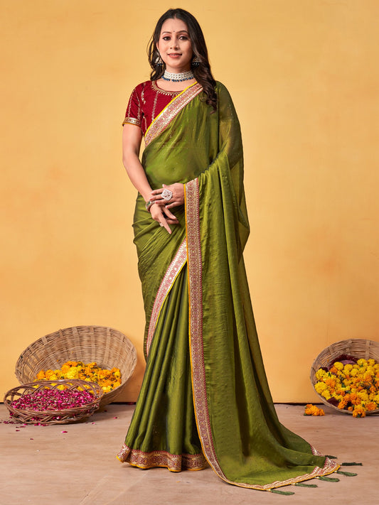 Green Olive Party Wear Georgette Embroidered Saree