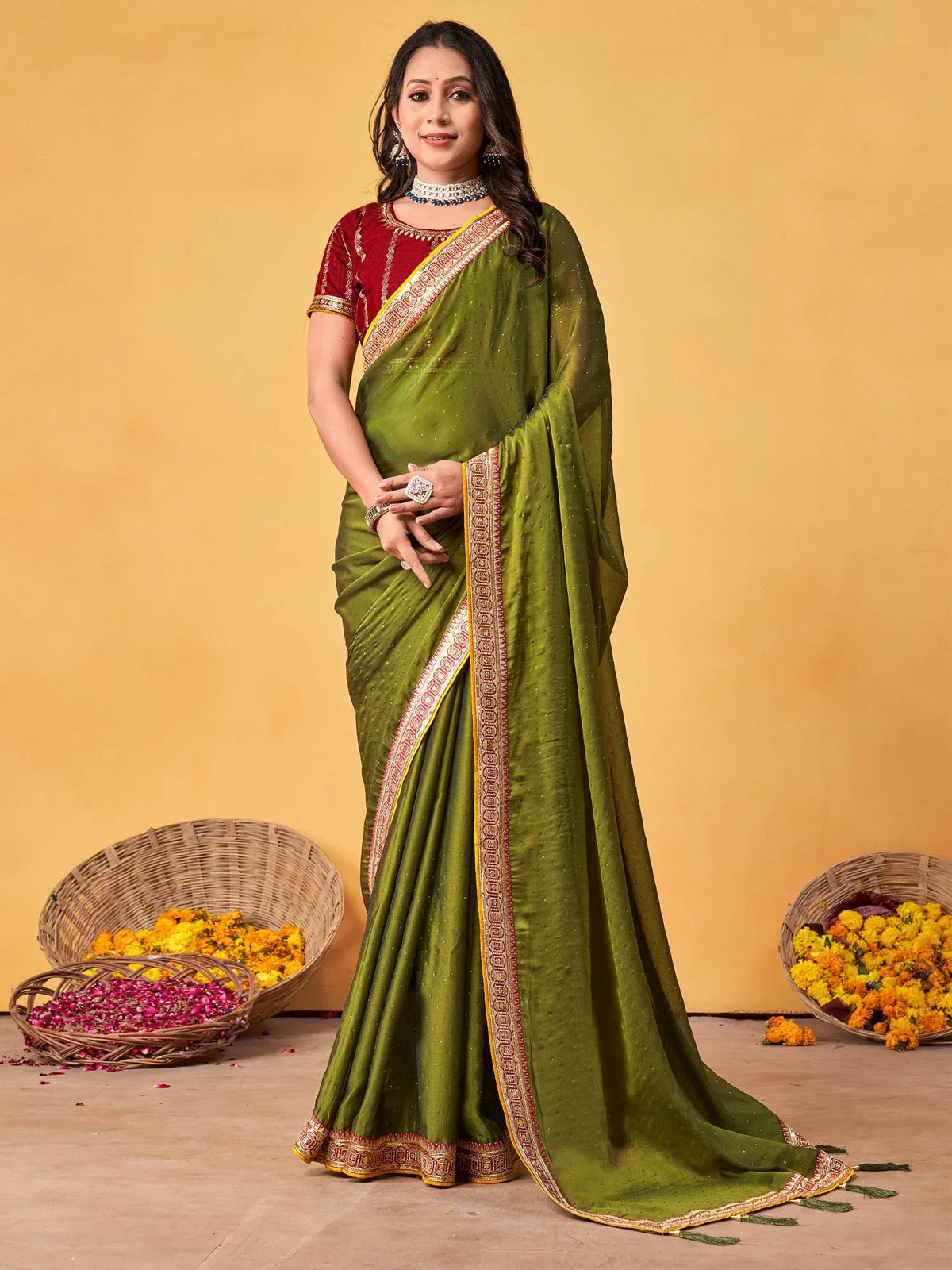 Green Olive Party Wear Georgette Embroidered Saree