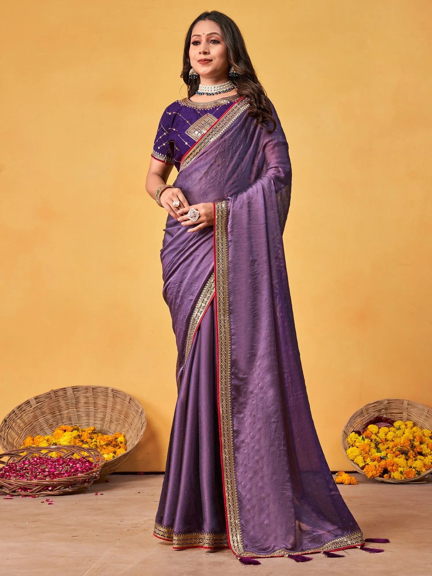 Lavendar Party Wear Georgette Embroidered Saree